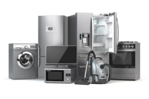 Home appliances. Set of household kitchen technics isolated on white background. Fridge, gas cooker, microwave oven, washing machine and vacuum cleaner. 3d